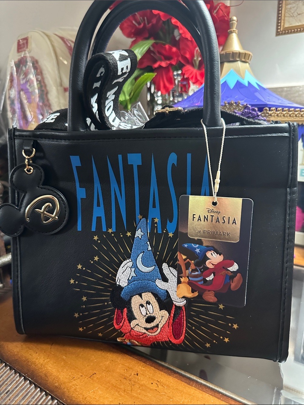 Primark Black Tote with Blue Fantasia Graphic and Mickey Embroidery NWT